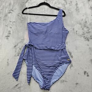 Jones New York Swimsuit Women XL Purple Striped One-Shoulder Tie Waist One Piece